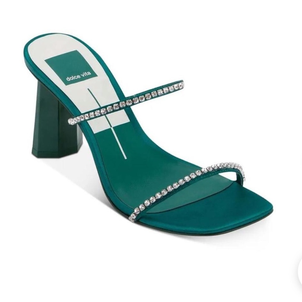 Dolce Vita green satin and crystal mules